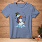Blue t-shirt with melting snowman in a top hat and scarf shooting a bow.