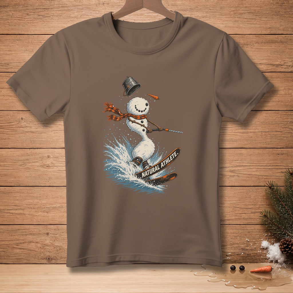 Snowman water skiing with a bucket on its head and "Natural Athlete" text.