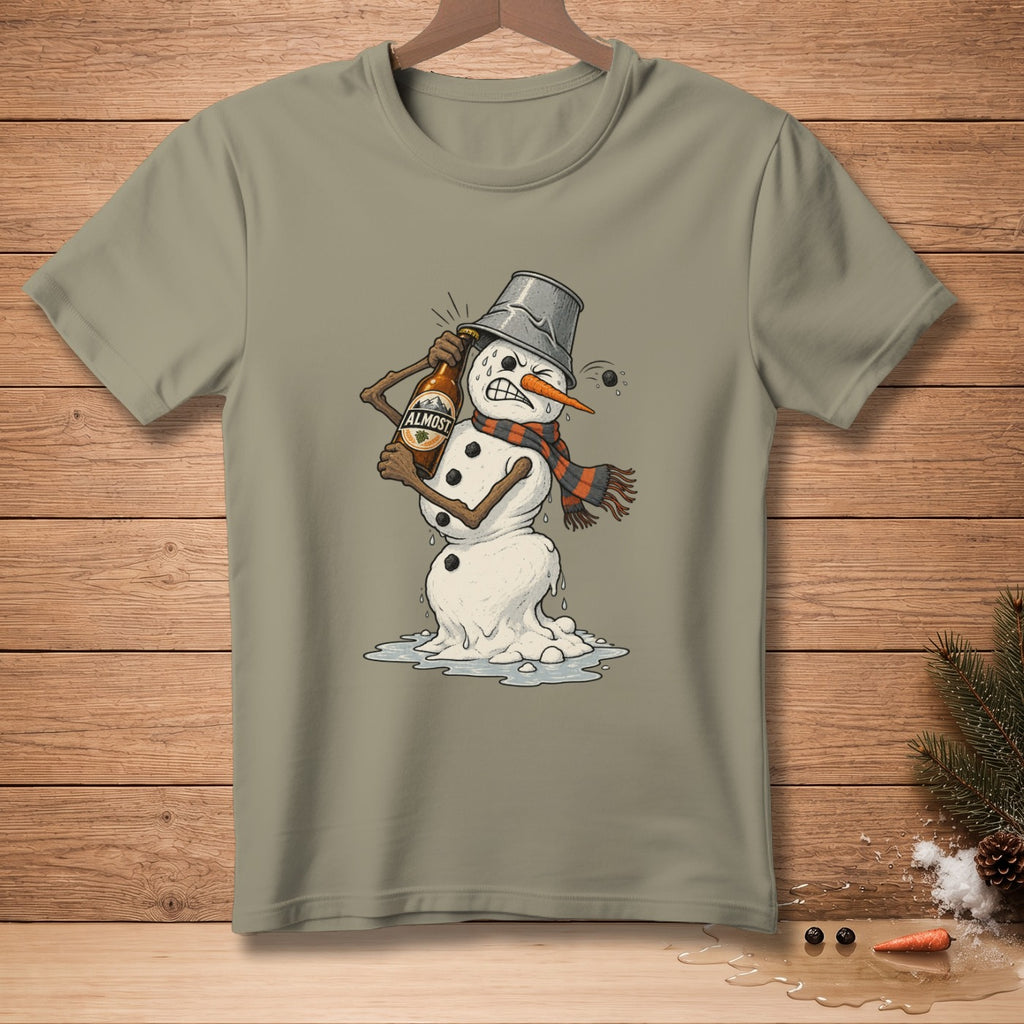 Snowman with bucket on head drinks beer, melting on wooden background.