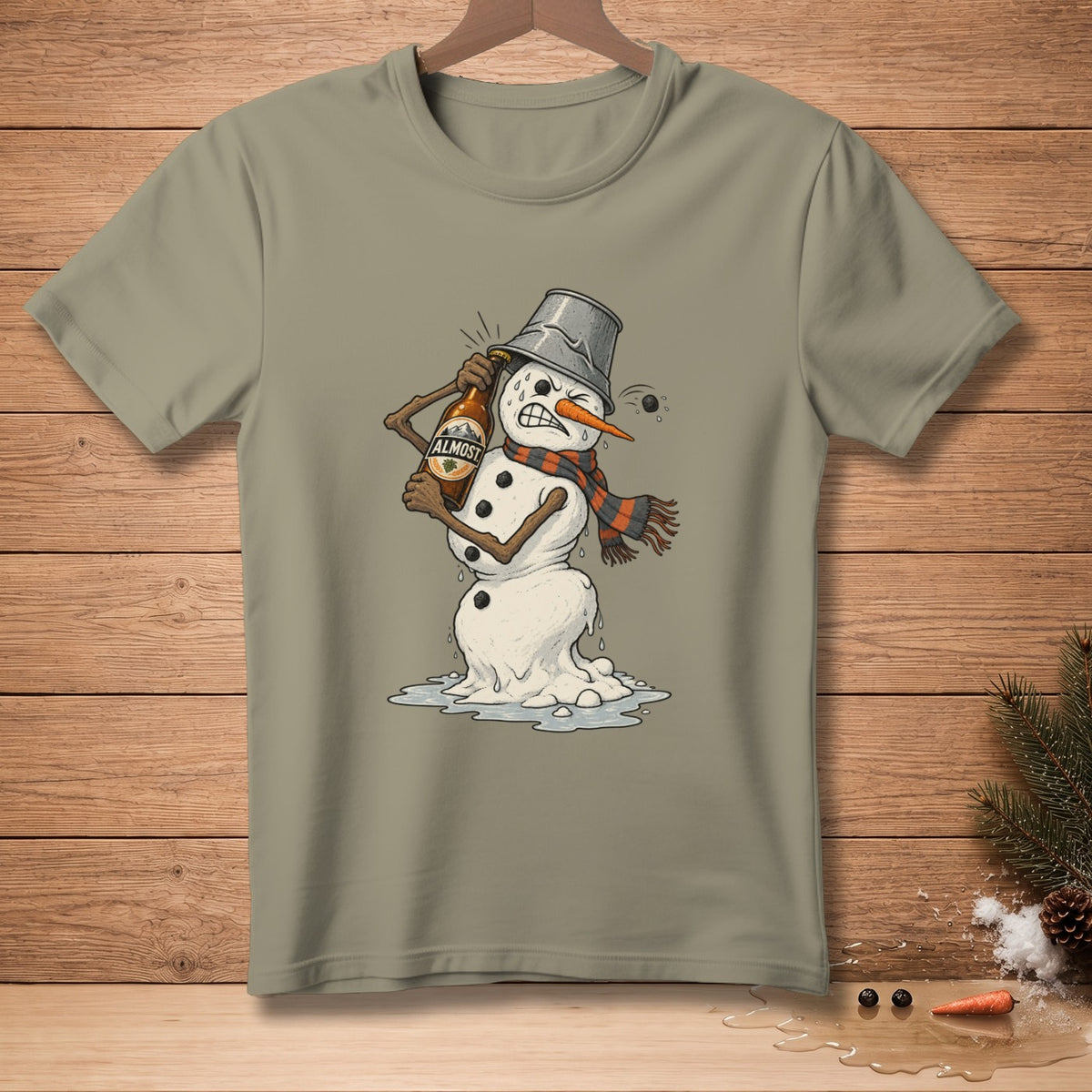 Snowman with bucket on head drinks beer, melting on wooden background.
