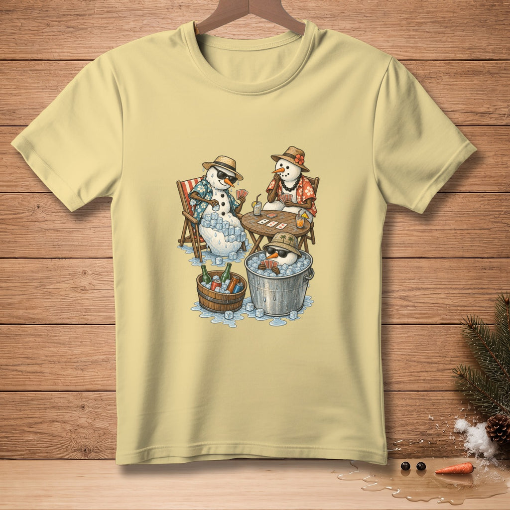 Snowmen playing cards and drinking beverages on a summer day.