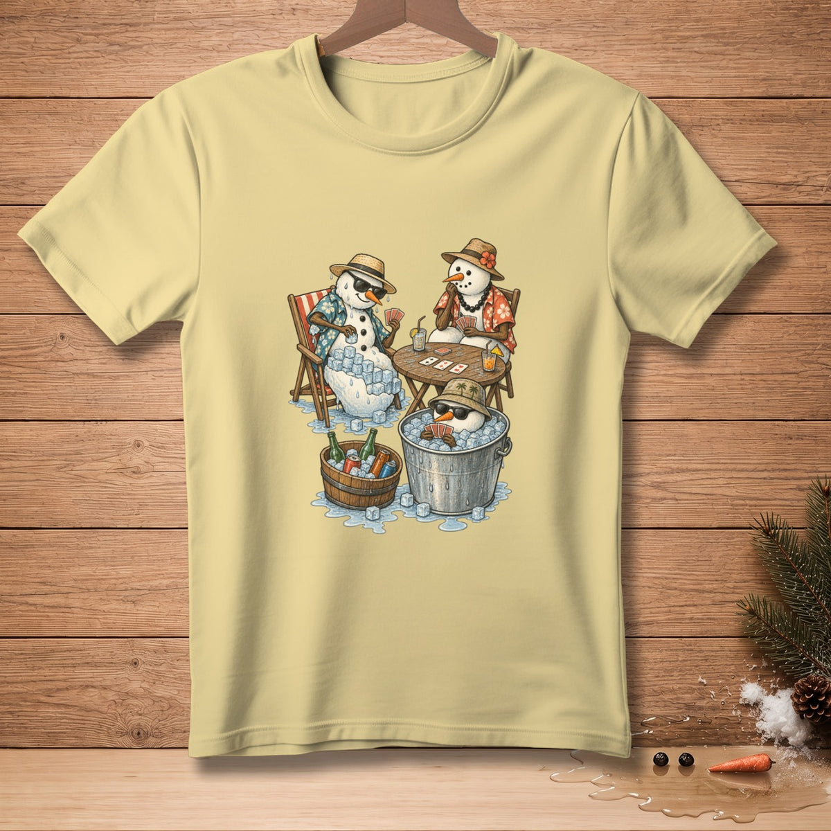 Snowmen playing cards and drinking beverages on a summer day.