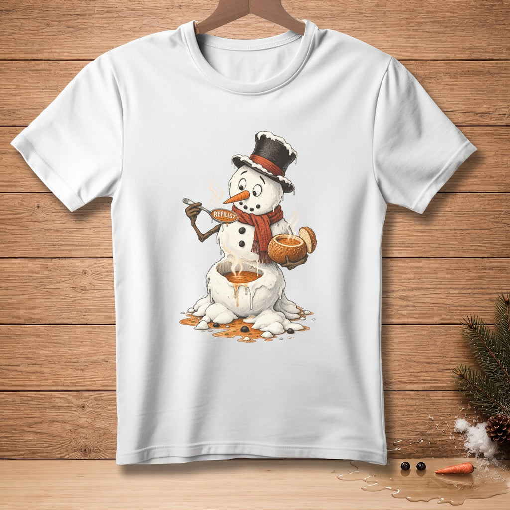 Melting snowman in top hat with scarf holding soup bowl and spoon with text "REFILLS?"