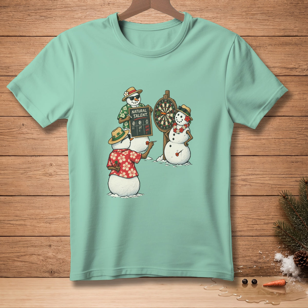 Three snowmen play darts, one holding a chalkboard reading "NATURAL TALENT."