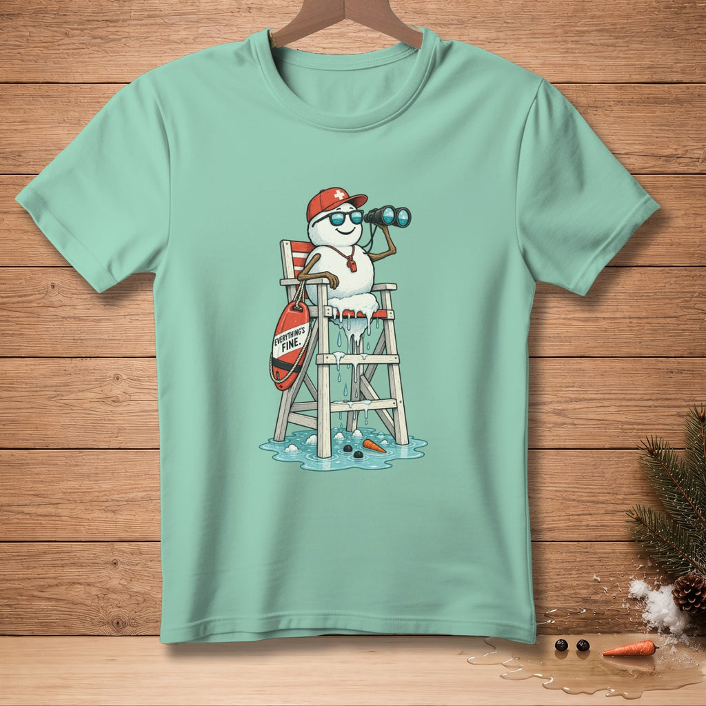 Snowman lifeguard on duty with binoculars, red cap, and float reading "Everything's Fine."