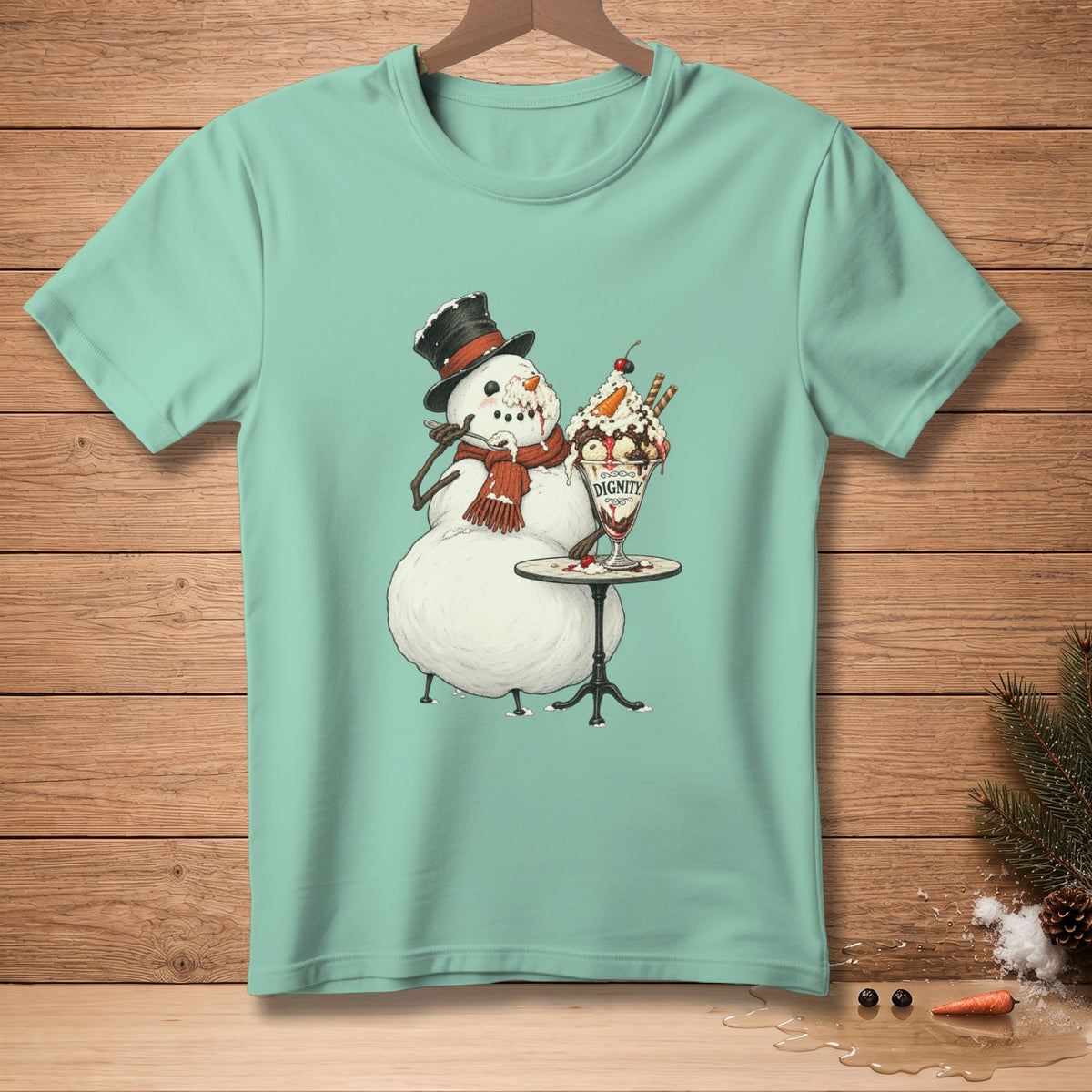 Snowman wearing a top hat and scarf eating a sundae with "DIGNITY" written on the glass.