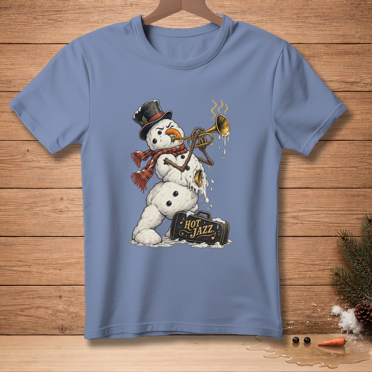 Snowman in top hat playing trumpet with "Hot Jazz" suitcase and melting.
