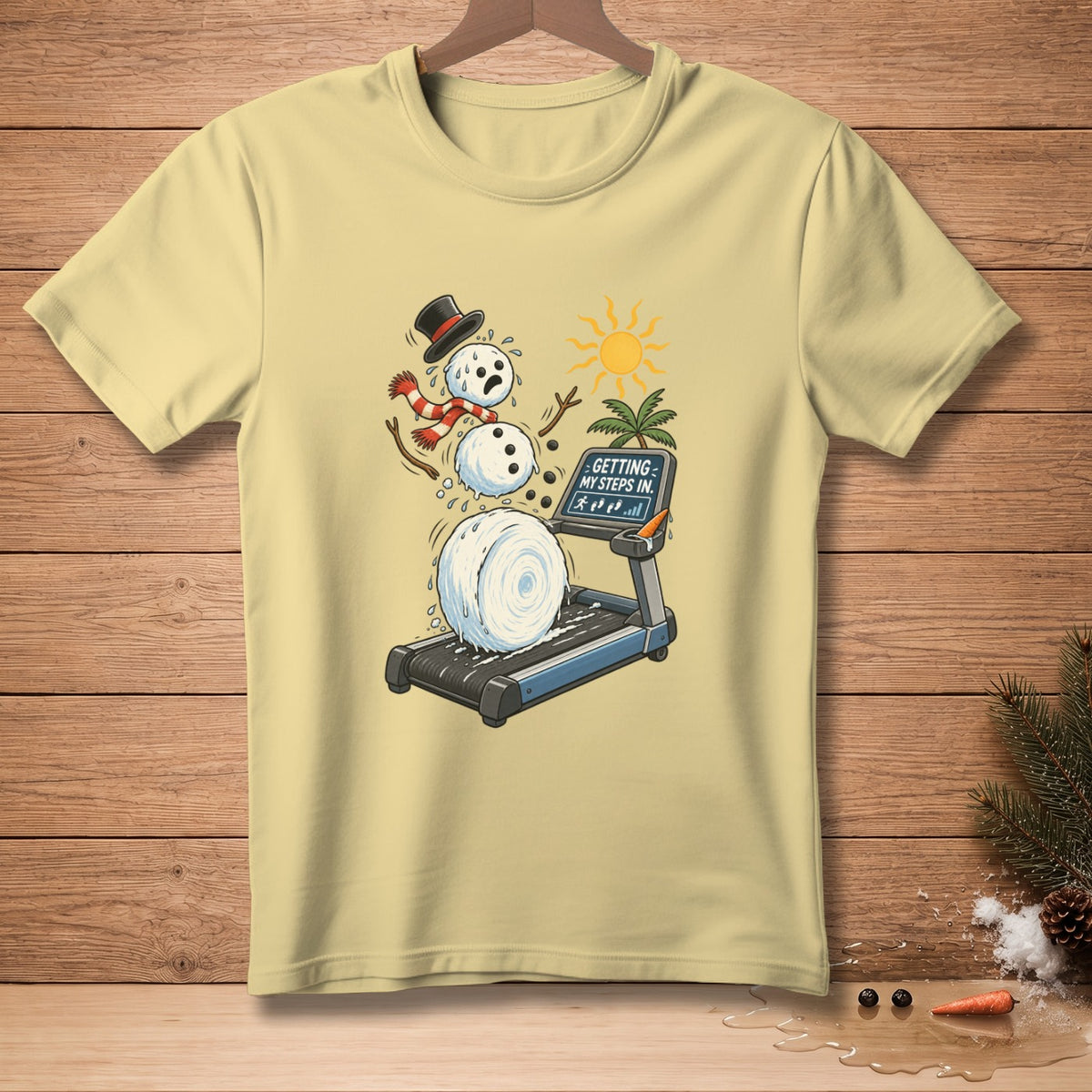 Snowman on treadmill with text "GETTING MY STEPS IN"