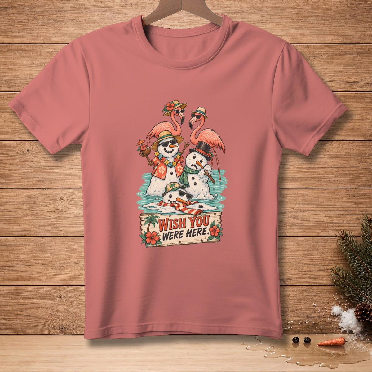 Snowmen and flamingos in water with sign reading "Wish You Were Here".