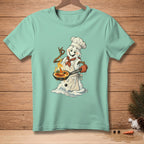 Snowman chef with creme brûlée and "Chef's Kiss" text on a light teal t-shirt.