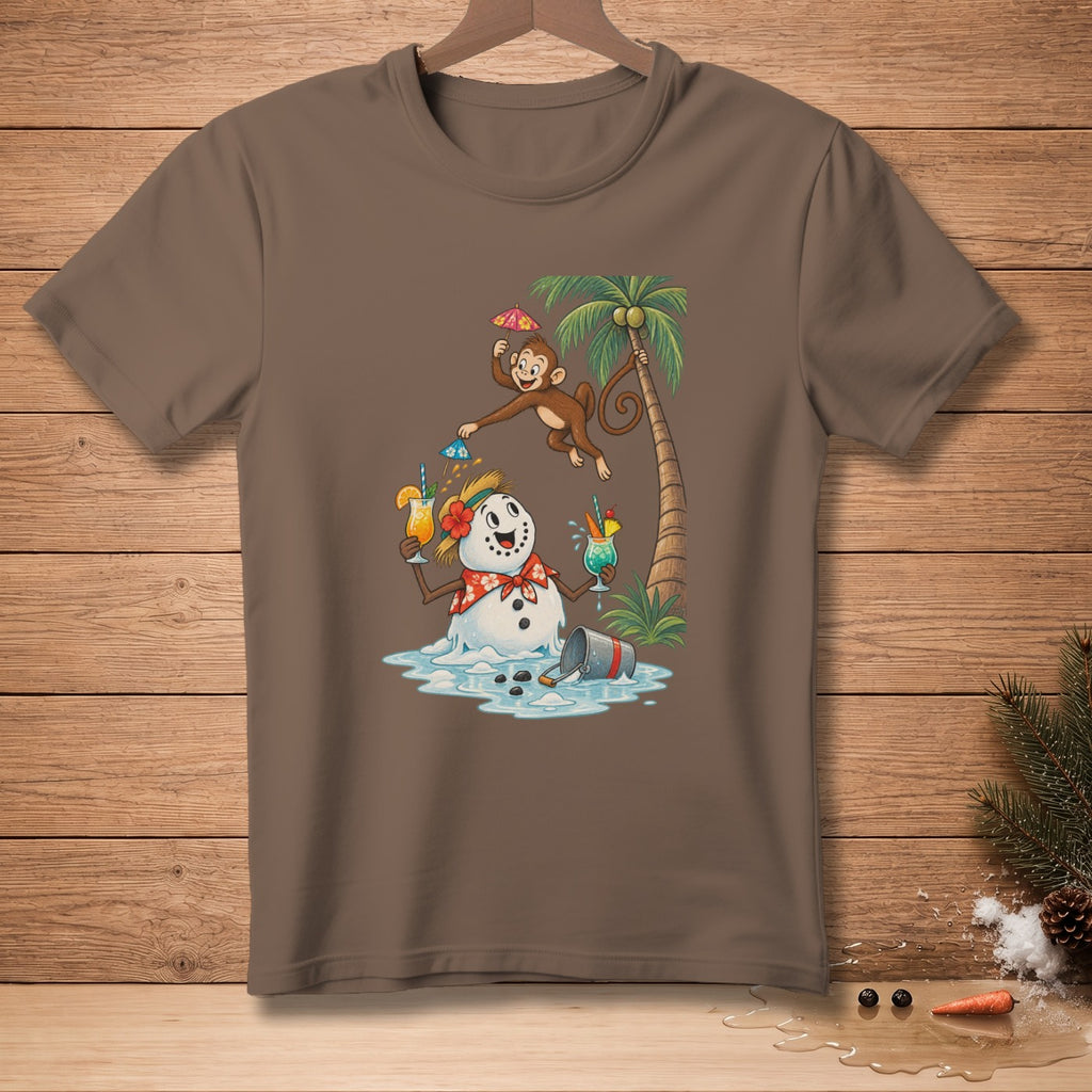 Cartoon snowman and monkey on a beach with tropical drinks.