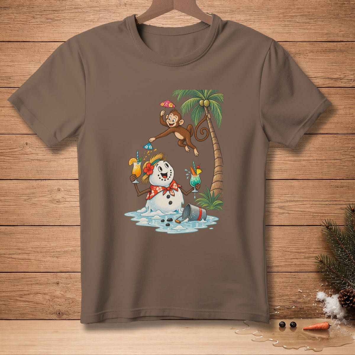 Cartoon snowman and monkey on a beach with tropical drinks.