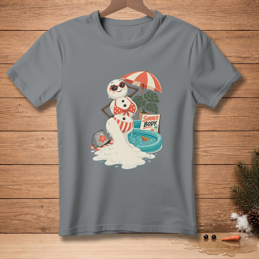 Melting snowman wearing a bikini and sunglasses by a pool.