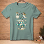 Cartoon snowmen melting on beach, one under umbrella with "Perfect Timing" text.