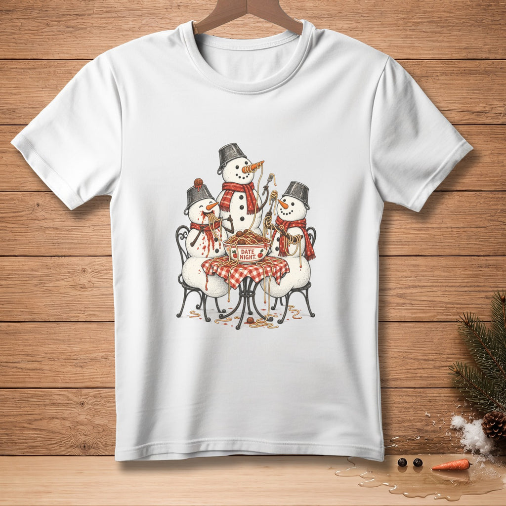 Three snowmen eat spaghetti at a table with a bowl labeled "Date Night."