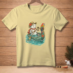 Snowman in a canoe with a parrot, reading "Still Floating"