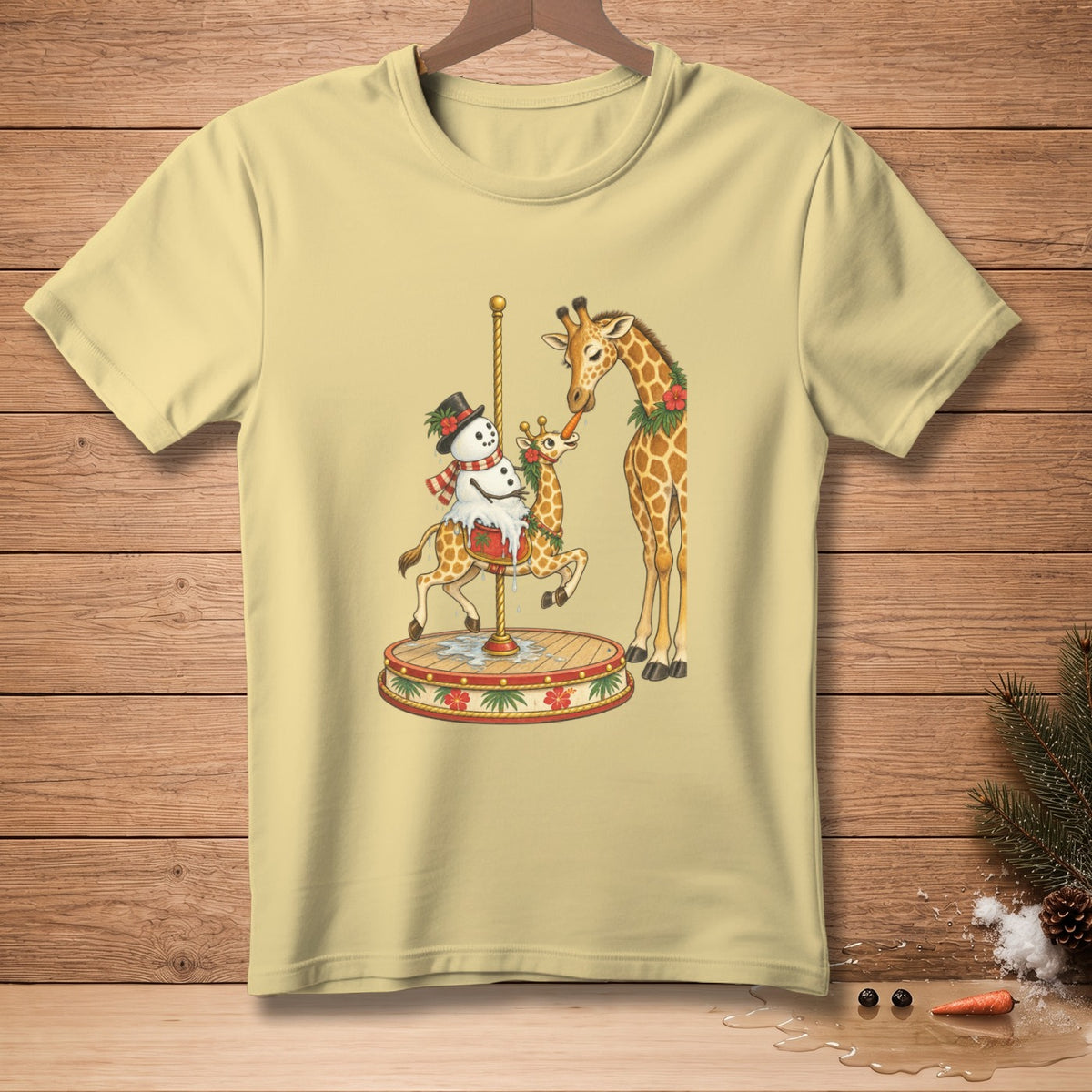 Giraffes and snowman on a Christmas carousel design on a pale yellow t-shirt.