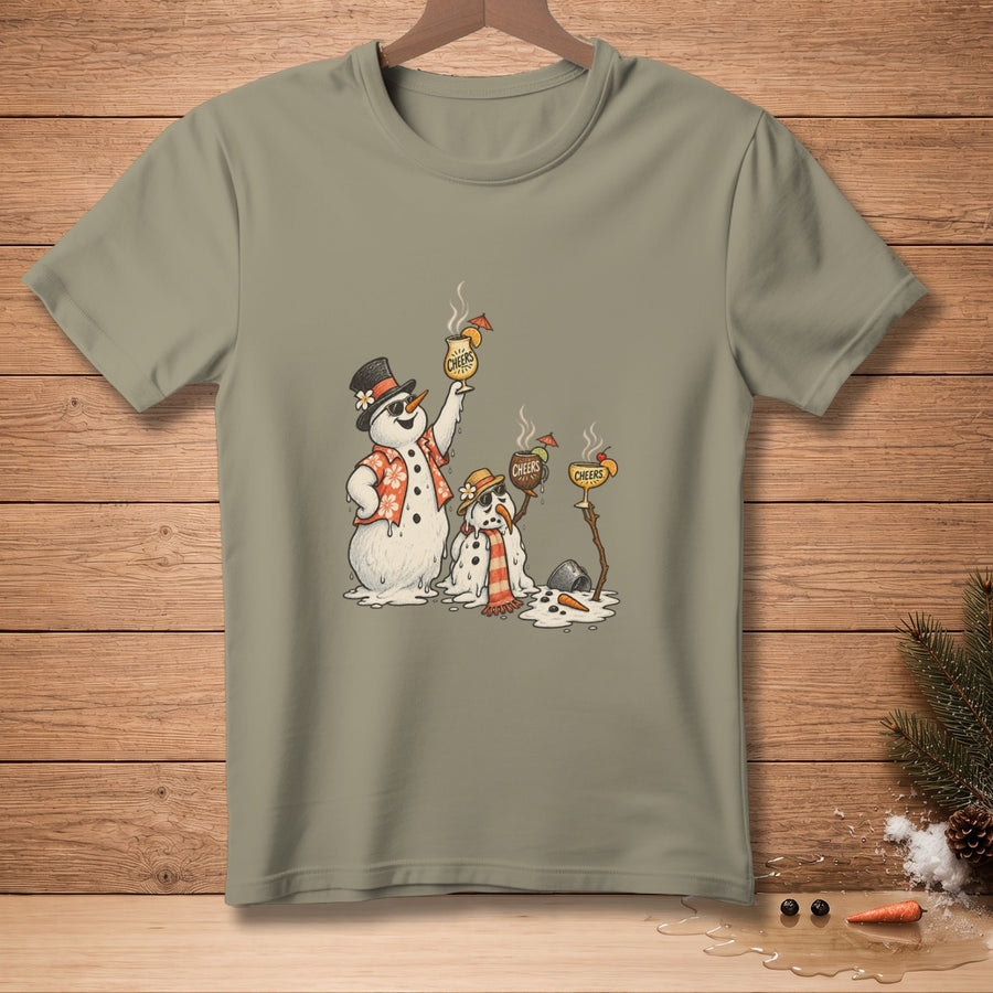 Melting snowmen in Hawaiian shirts and hats toast with drinks that say "Cheers".