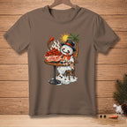 Melting snowman in a top hat eats spicy chicken wings with a tropical background.