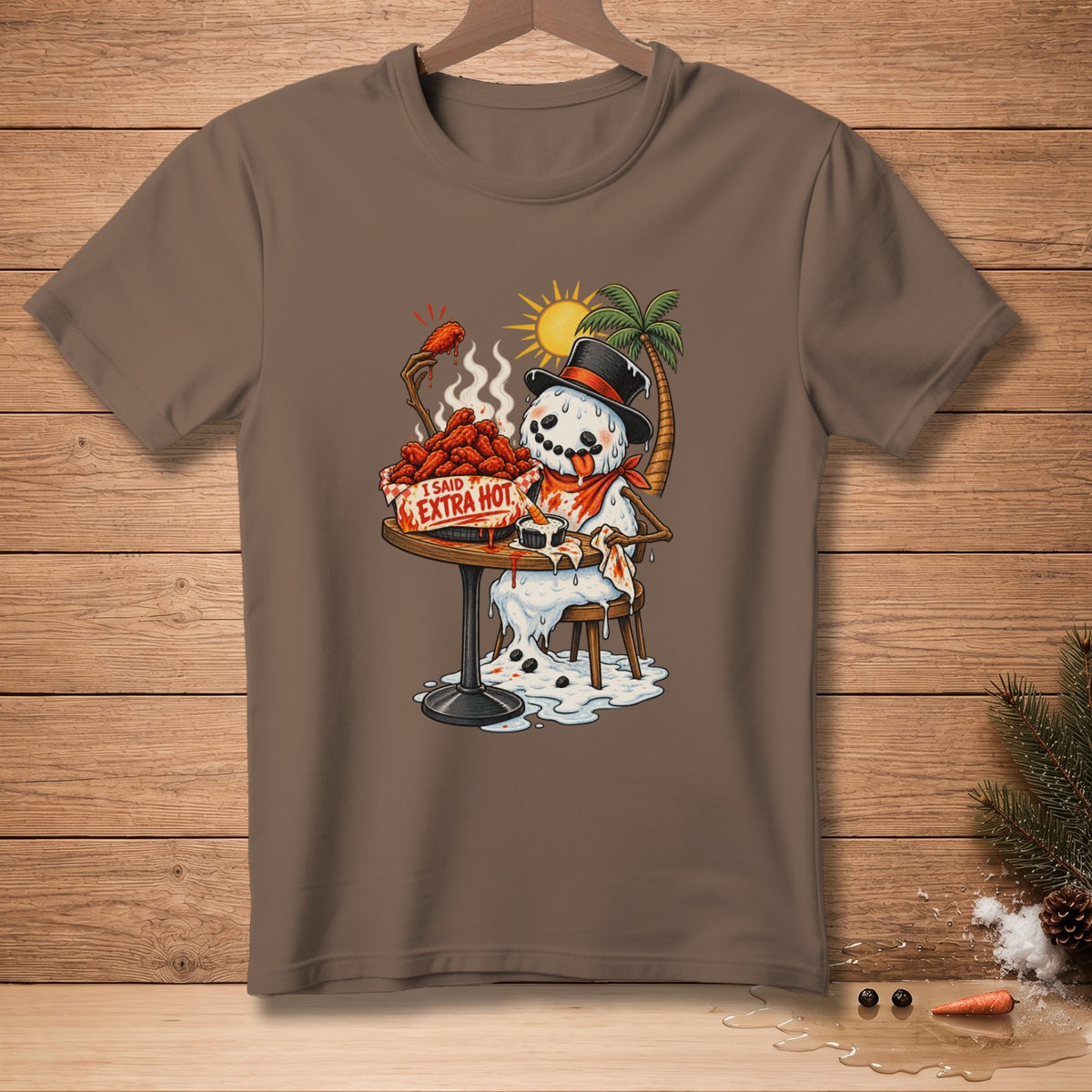 Melting snowman in a top hat eats spicy chicken wings with a tropical background.