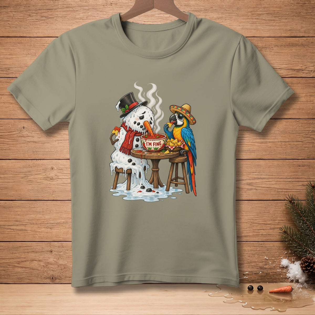 Melting snowman and parrot with sombrero eating chips and dip labeled "I'm Fine."