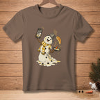 Melting snowman taking selfie while cooking pancakes, t-shirt graphic.