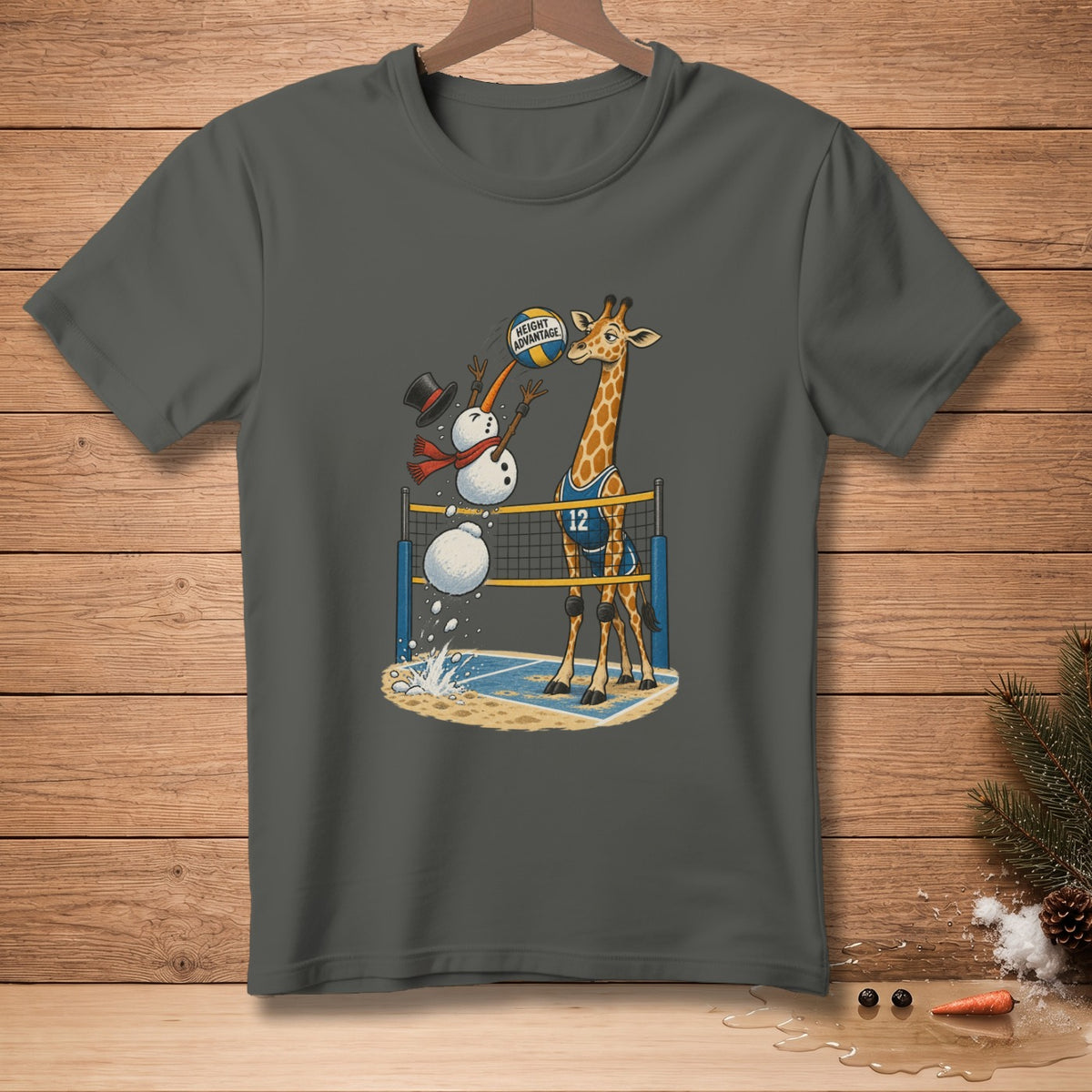 Giraffe and snowmen play volleyball on a beach court with "Height Advantage" text.