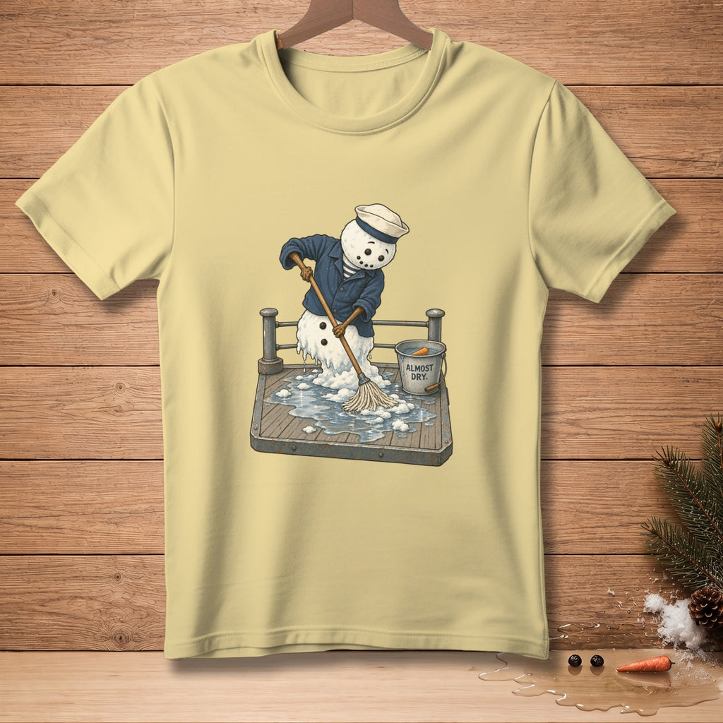 Snowman in sailor outfit mopping a wet deck with a bucket labeled "Almost Dry."