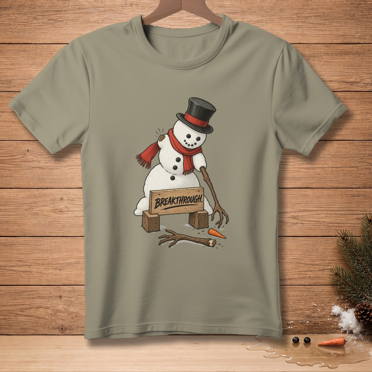 Snowman with top hat and scarf breaks through a "Breakthrough" sign.