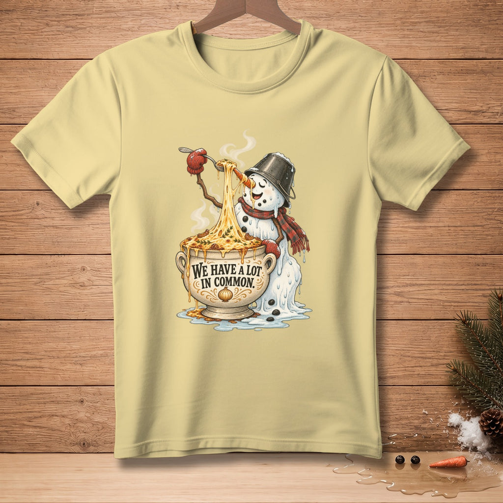 Snowman eating spaghetti from a bowl with text "We Have A Lot In Common."