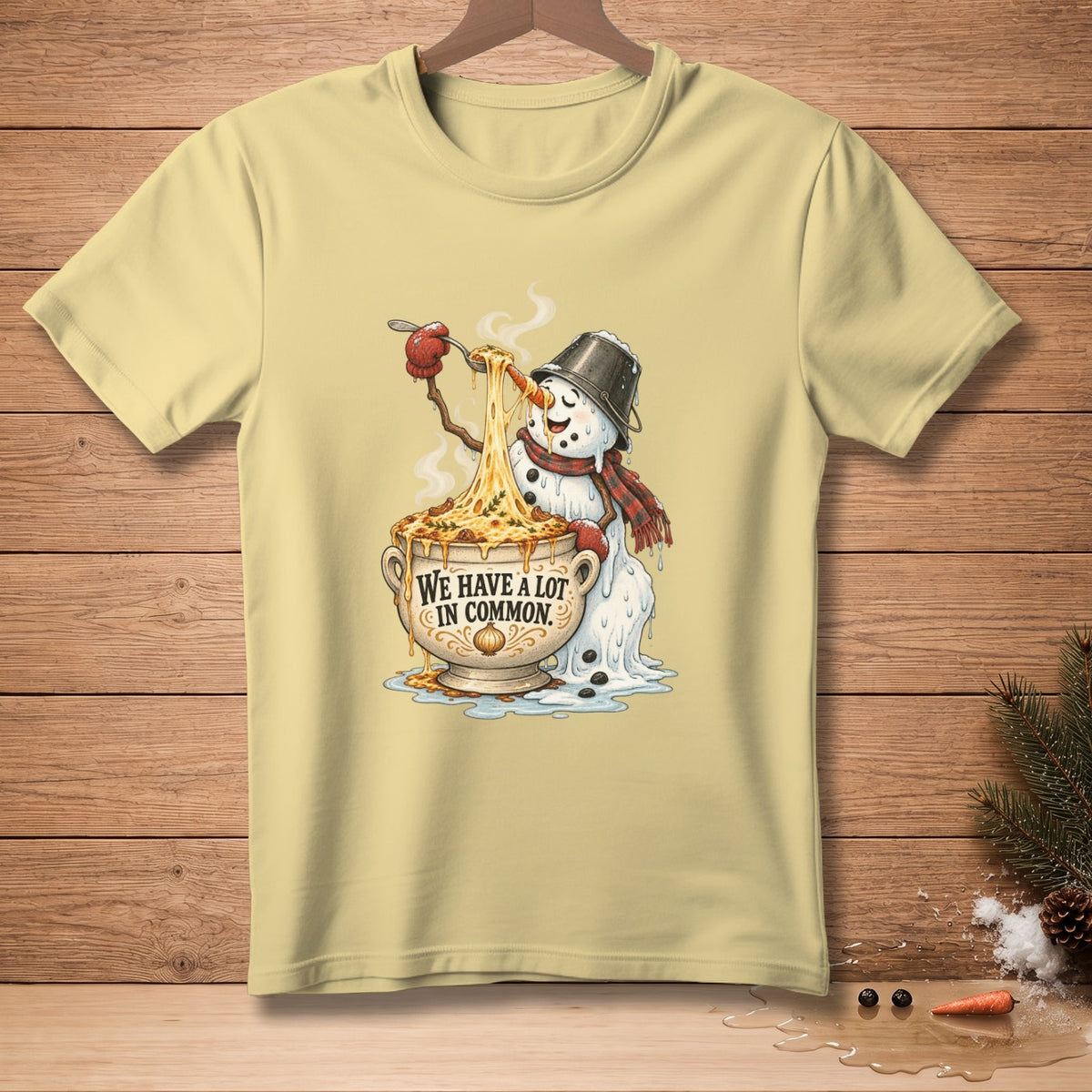 Snowman eating spaghetti from a bowl with text "We Have A Lot In Common."