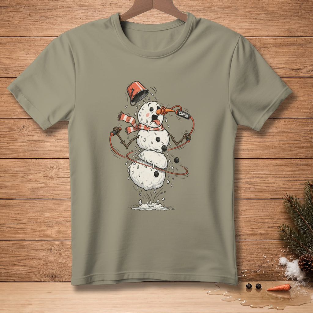 Melting snowman with a bucket on head doing cardio jumping rope.