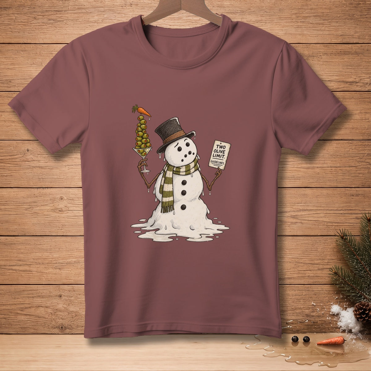 Melting snowman in top hat holding olive martini and "Two Olive Limit" sign.