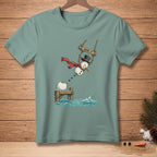 Snowman swinging on a rope swing with "SEND IT." above a pier over water.