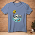 Snowman playing water polo holding a yellow ball with "MAN UP." text.