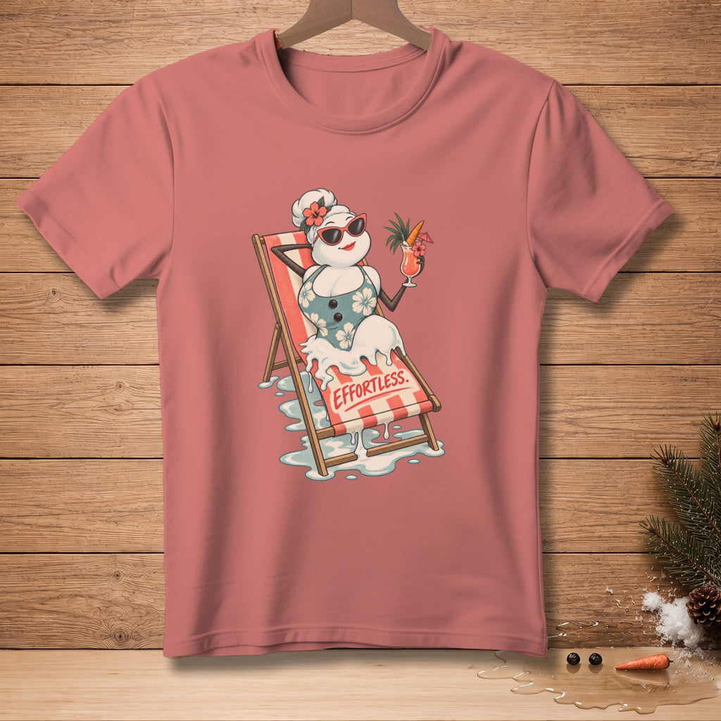 Snowman in beach chair with drink, melting, text "Effortless".