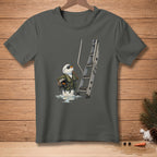Snowman in flight gear holding helmet next to a ladder, melting slightly.