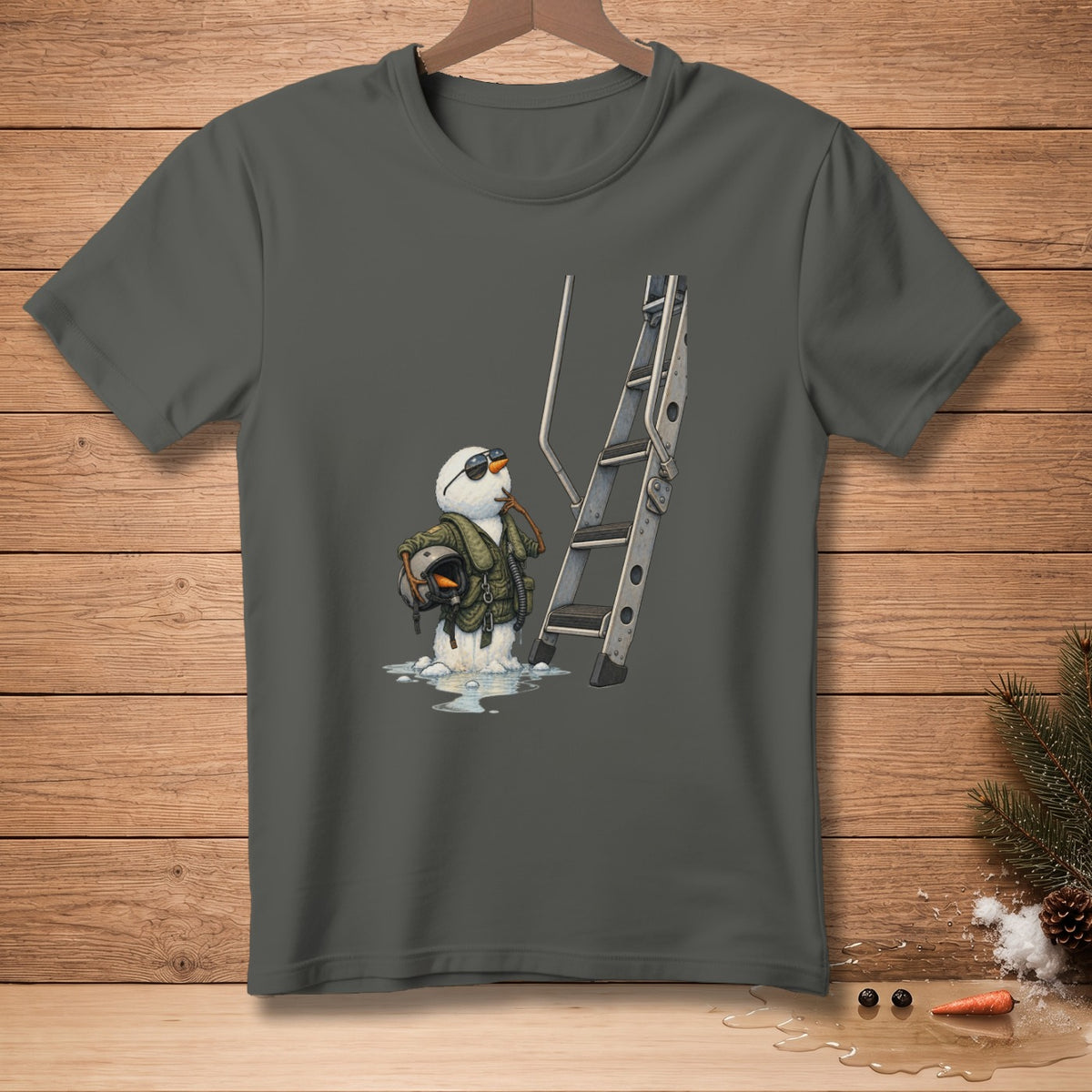 Snowman in flight gear holding helmet next to a ladder, melting slightly.