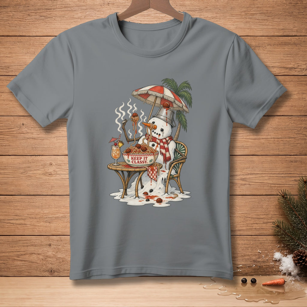 Melting snowman eating spaghetti under umbrella, text "KEEP IT CLASSY."