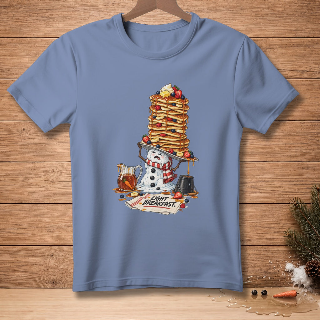 Snowman holding a stack of pancakes with syrup and fruit, reads "Light Breakfast."