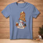 Snowman holding a stack of pancakes with syrup and fruit, reads "Light Breakfast."