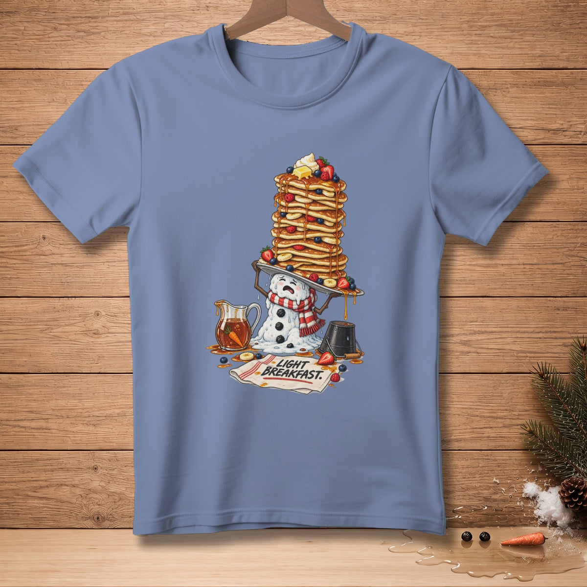 Snowman holding a stack of pancakes with syrup and fruit, reads "Light Breakfast."
