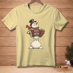 Yellow t-shirt with snowman playing accordion and "Feel the Music" text.