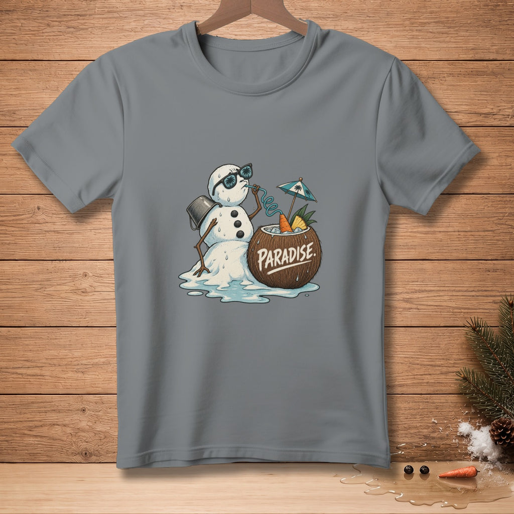 Melting snowman wearing sunglasses drinks from a coconut labeled "Paradise".