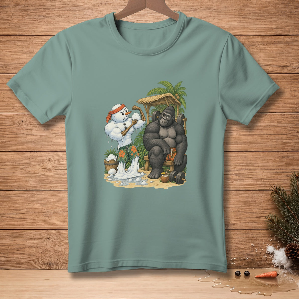 Muscular snowman flexing and gorilla sitting by weights at a tropical gym.