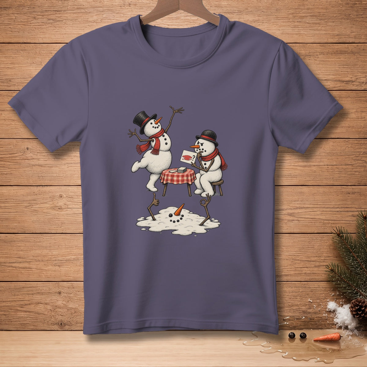 Two snowmen playing cards with a melting snowman nearby.