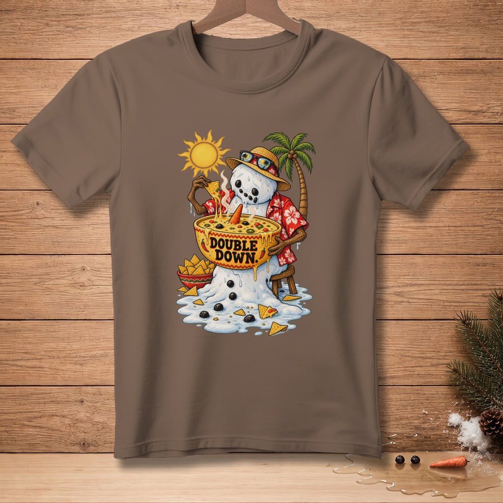 Melting snowman eating nachos from a bowl that says "Double Down"