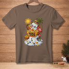 Melting snowman eating nachos from a bowl that says "Double Down"