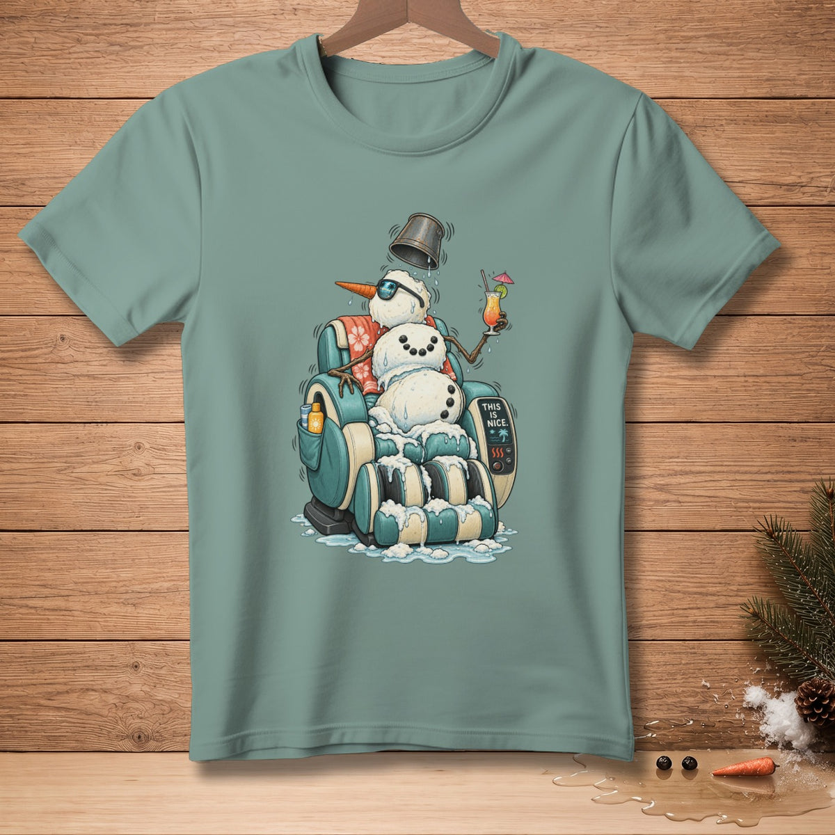 Snowman relaxing in a massage chair holding a tropical drink with "THIS IS NICE" text.