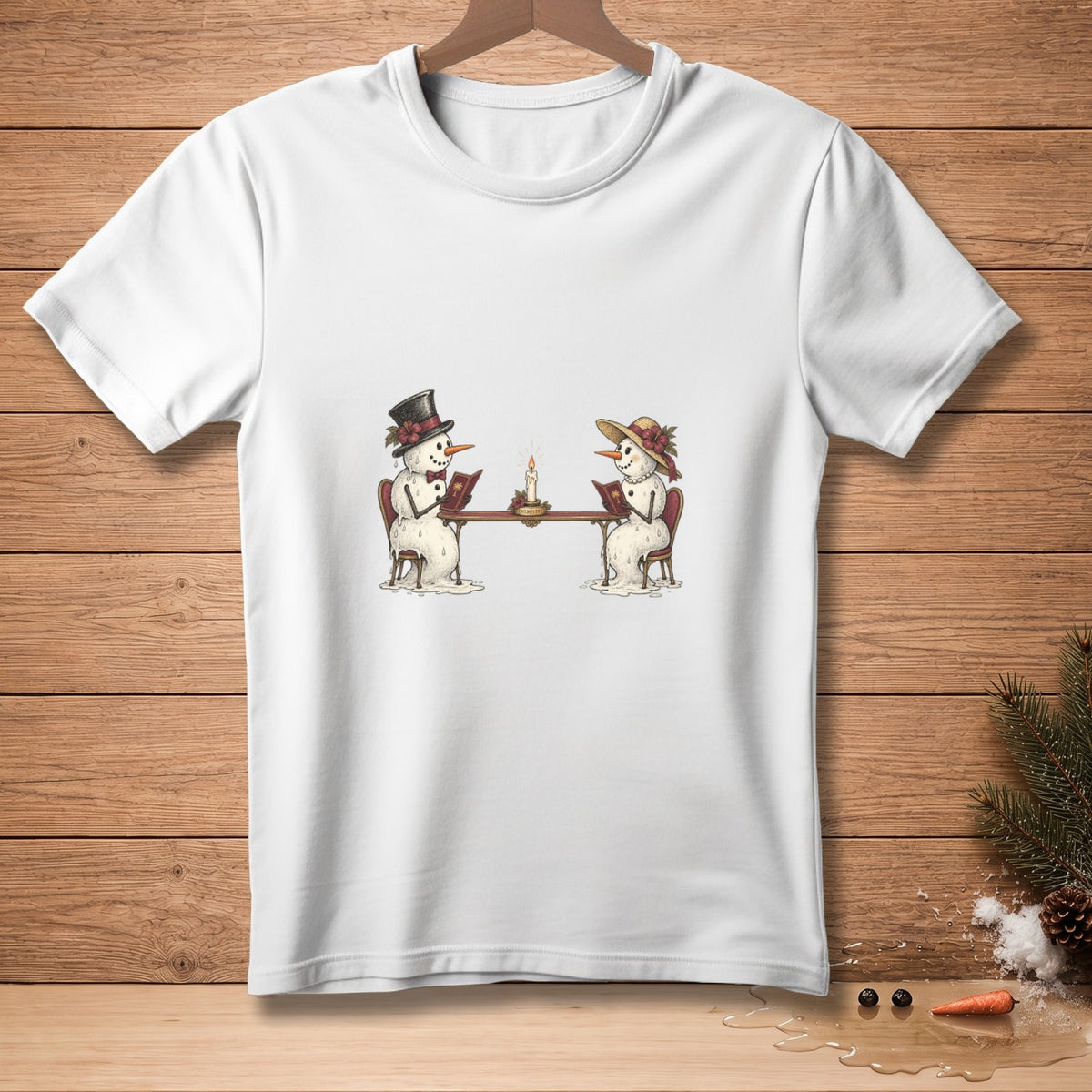Two snowmen in hats sit at a table reading books by candlelight.